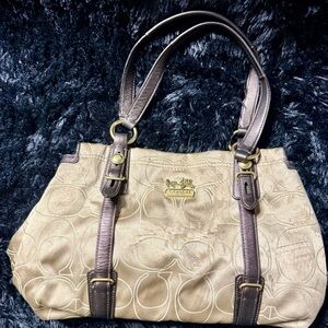 Coach Mia Signature Outline Carryall Tan and Brown Shoulder Bag